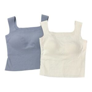HYZ 2 Sports Bras Blue and White Square Neck Tank Tops Ribbed Cropped Athletic